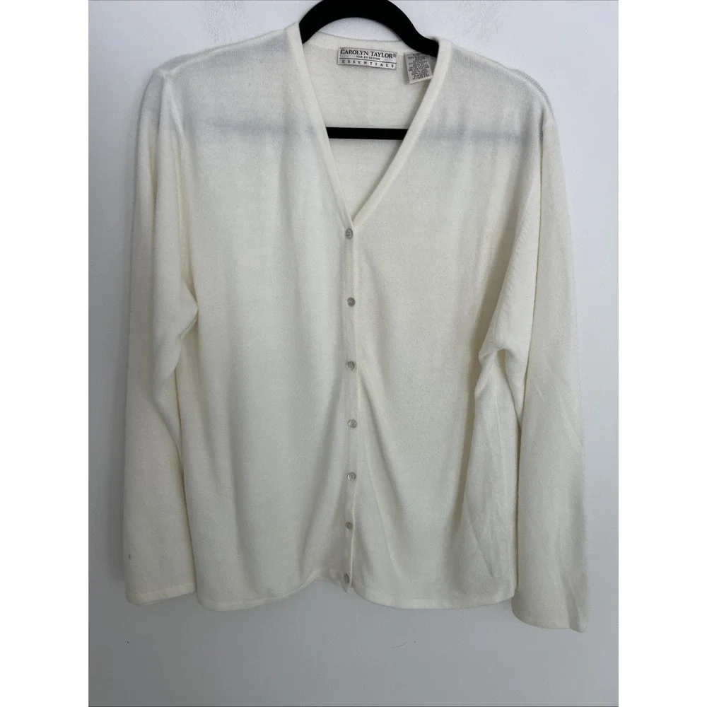 Carolyn Taylor Womens L‎ Acrylic V-Neck Button Up Cardigan Lightweight Cream